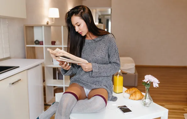 Картинка lady, brunette, reading, gray, sweater, knee socks, busy