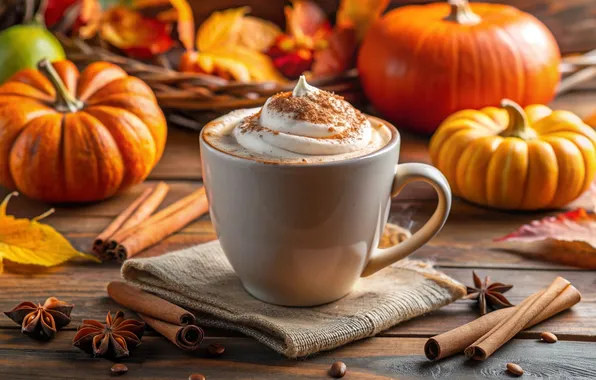 Картинка осень, листья, тыква, autumn, leaves, coffee cup, pumpkin, cozy