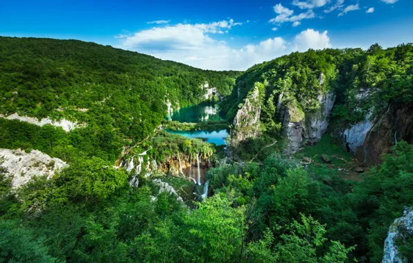 Картинка лес, пейзаж, скалы, панорама, водопады, каскад, Хорватия, Croatia