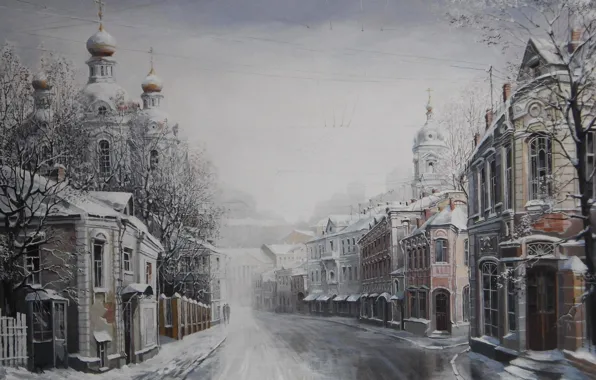 Картинка зима, дома, церковь, Александр Стародубов, С Рождеством! живопись
