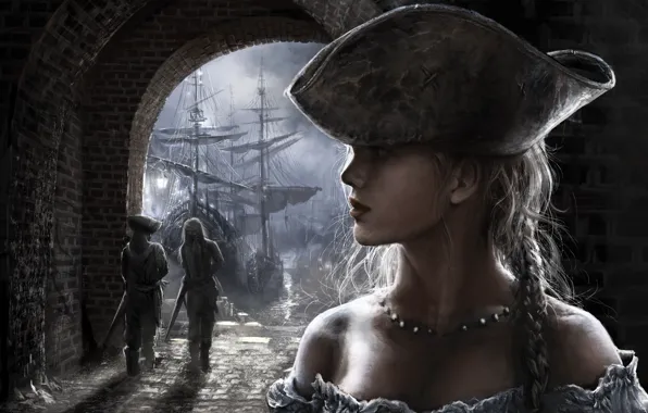Картинка взгляд, девушка, лицо, корабль, шляпа, арт, проход, арка