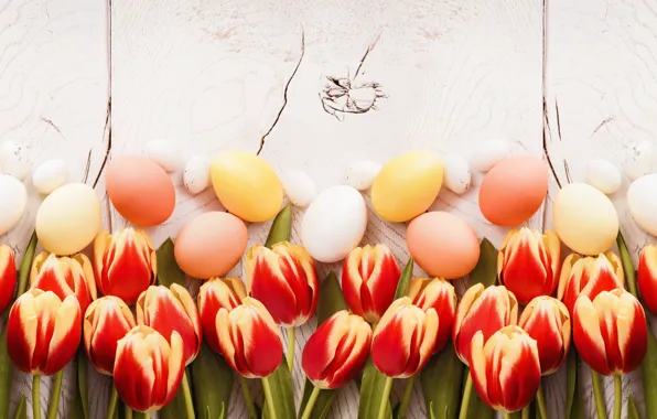 Картинка Пасха, тюльпаны, wood, tulips, spring, Easter, eggs, decoration