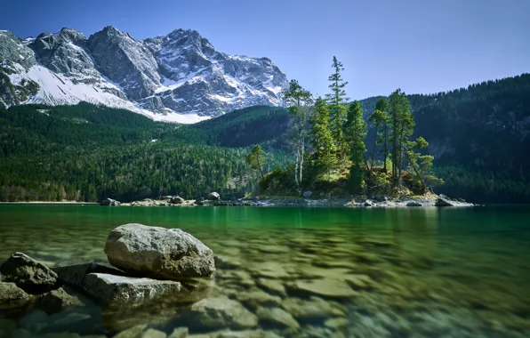 Лес, деревья, горы, озеро, камни, Германия, Бавария, Альпы