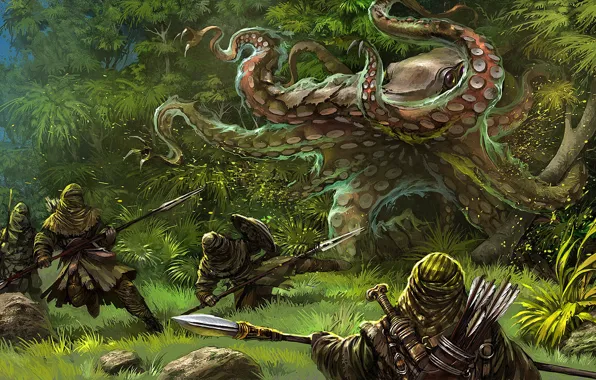 Картинка лес, нападение, чудовище, воины, Gamedev illustration