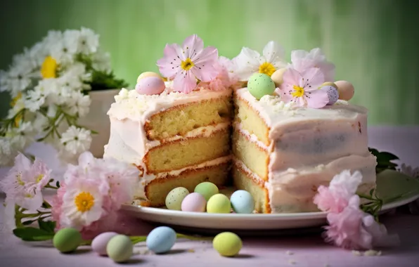 Цветы, стол, праздник, яйца, букет, весна, тарелка, конфеты