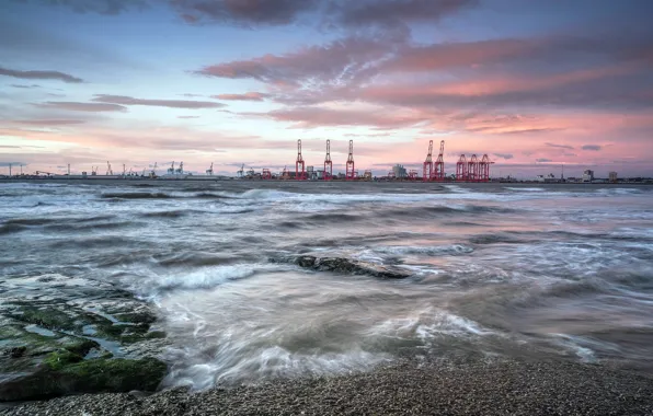 Beach, Water, Sunset, Liverpool, Docks, New Brighton, Cranes, River Mersey
