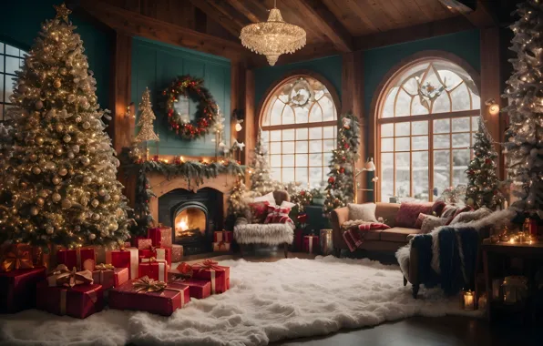 Картинка украшения, комната, шары, елка, интерьер, Новый Год, Рождество, подарки