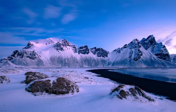Картинка зима, море, снег, горы, побережье, Исландия, Iceland, Stokksnes