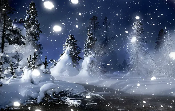 Картинка зима, лес, снег, деревья, снежинки, ночь, ручей, сугробы