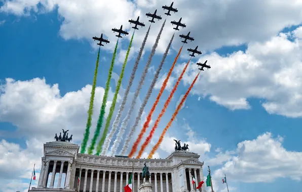 Небо, Облака, Самолеты, Флаг, Рим, Праздник, Rome, День Итальянской республики