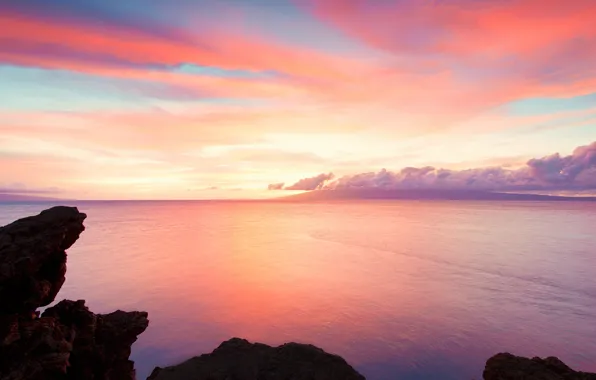 Океан, скалы, рассвет, Hawaii, Гаваи, Maui, Ka'anapali coast