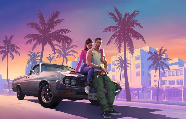 Машина, Пальмы, Vice City, Люсия Grand Theft Auto, Полный Официальный арт