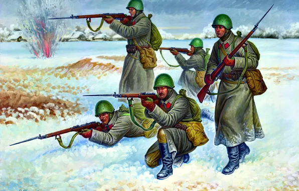 Зима, Солдаты, СССР, Винтовка Мосина, Красная Армия, WWII
