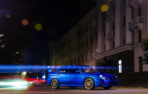 Ночь, синий, полосы, трафик, subaru, blue, wrx, night