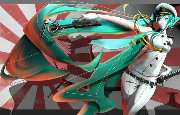 Катана, флаг, белая, микрофон, форма, Hatsune Miku, жест, Vocaloid