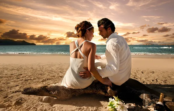 Пляж, девушка, любовь, закат, романтика, женщина, мужчина, молодожены
