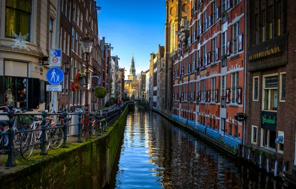 Здания, дома, Амстердам, канал, Нидерланды, набережная, Amsterdam, велосипеды