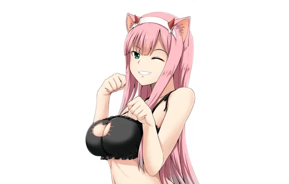 Girl, sexy, lingerie, bra, cleavage, pink hair, green eyes, long hair