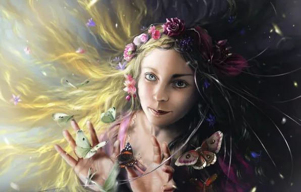 Картинка девушка, бабочки, цветы, арт, разные глаза