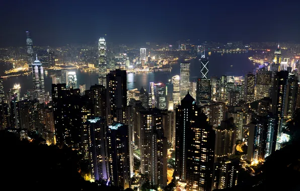 Ночь, огни, Гонконг, небоскребы, панорама, Китай, мегаполис