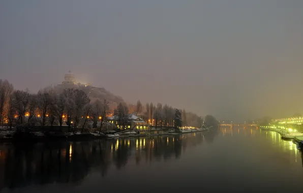 Картинка зима, огни, туман, река, вечер, Италия, Турин