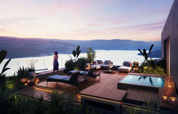 Небо, горы, интерьер, водоём, Beykoz Housing Project at Bosphorus