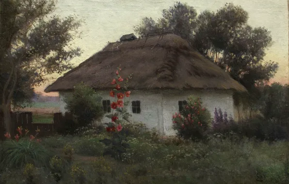 Картинка цветы, дом, масло, Холст, Ефим ВОЛКОВ, Украинский пейзаж с хатой