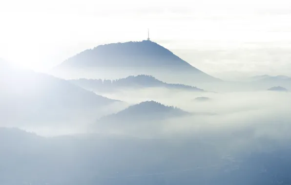 Картинка облака, свет, горы, туман, холмы, антенна
