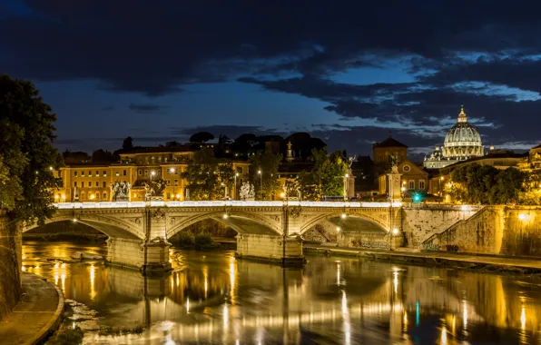 Картинка lights, Рим, Италия, river, Italy, bridge, night, Rome