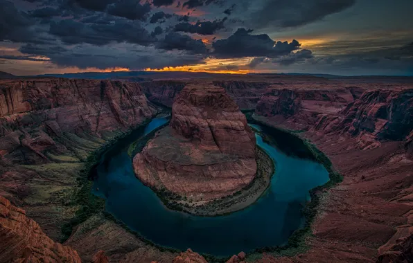 Закат, тучи, река, вечер, Колорадо, каньон, Horseshoe Bend, Grand Canyon National Park