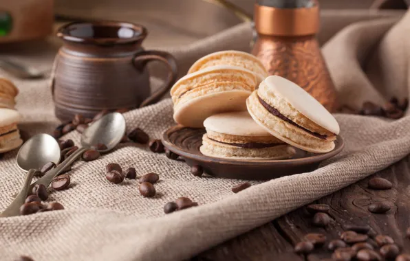Кофе, зерна, печенье, десерт, кофейные, macaron, Natasha Breen, миндальное