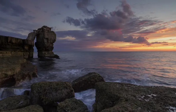 Картинка море, Великобритания, облака, небо, скалы, камни, закат, Pulpit Rock