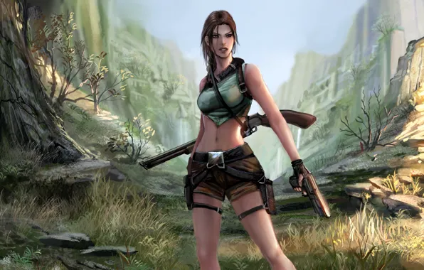Картинка девушка, деревья, поза, пистолет, тень, ущелье, Tomb Raider, дробовик