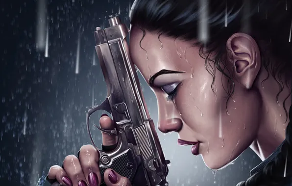 Картинка девушка, пистолет, дождь, lara croft, tomb raider