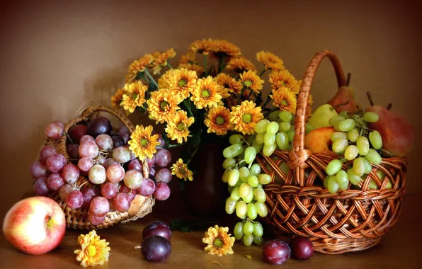 Картинка цветы, яблоко, виноград, груша, фрукты, натюрморт, хризантемы, слива