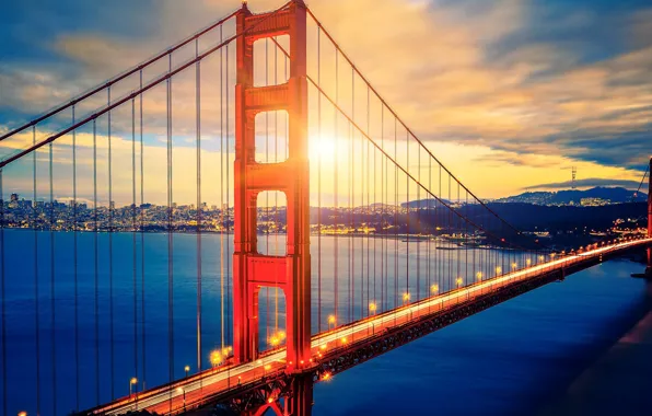 Картинка city, lights, USA, Golden Gate Bridge, sky, sea, landscape, bridge
