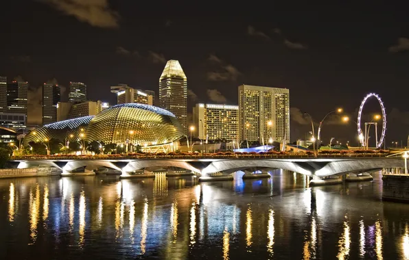 Картинка ночь, мост, город, река, дома, отель, сингапур, singapur