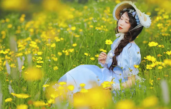 Beautiful, Asian, Model, Flowers, Woman, Summer, Hat, Cute