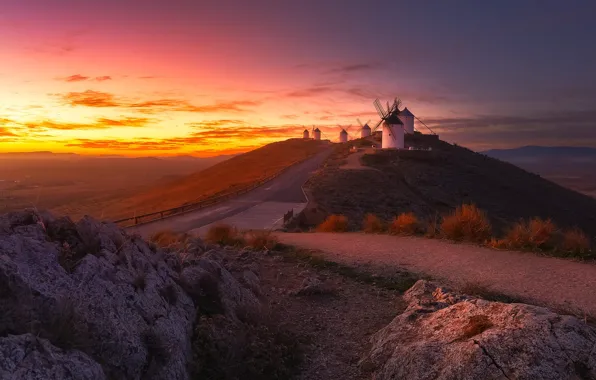 Дорога, небо, солнце, закат, камни, скалы, рассвет, гора