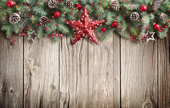 Новый Год, Рождество, christmas, star, balls, wood, merry christmas, decoration