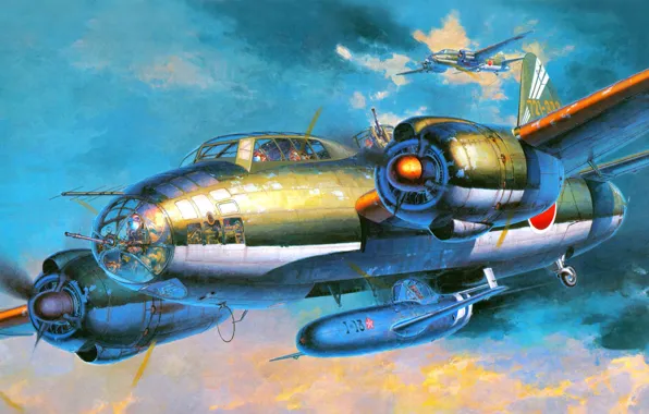 Картинка рисунок, Mitsubishi, бомбардировщик, налёт, Бетти, Ohka, Yokosuka, самолёт-снаряд