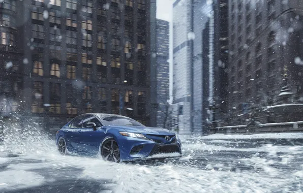 Вода, Дома, Дорога, Снег, Брызги, Toyota, Toyota Camry XSE AWD, Среднеразмерный автомобиль