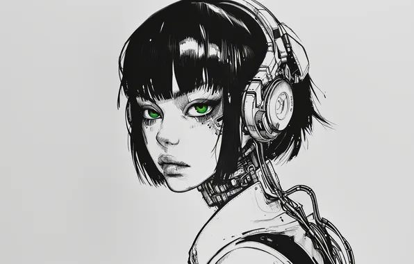 Картинка headphones, science fiction, short hair, cyberpunk, women, face, manga, cyborg