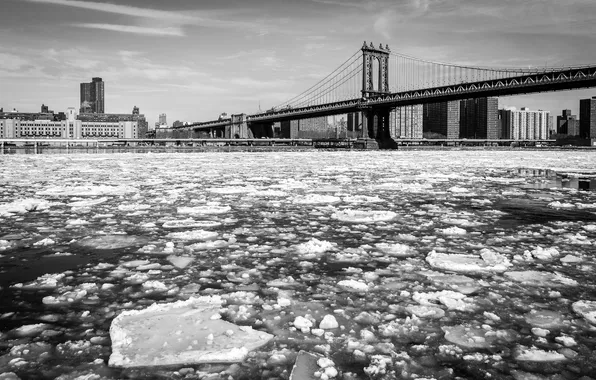 Зима, мост, город, дома, льдины, NYC, Manhattan Bridge
