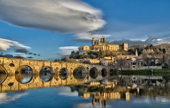 Пейзаж, мост, город, река