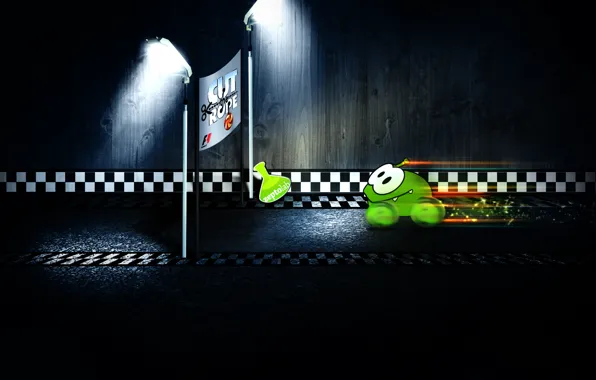 Картинка зеленый, маленький, монстрик, Formula 1, кубок, персонаж, Формулы-1, Cut the Rope