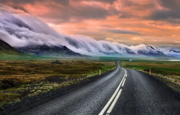 Картинка дорога, небо, облака, горы, туман, Исландия