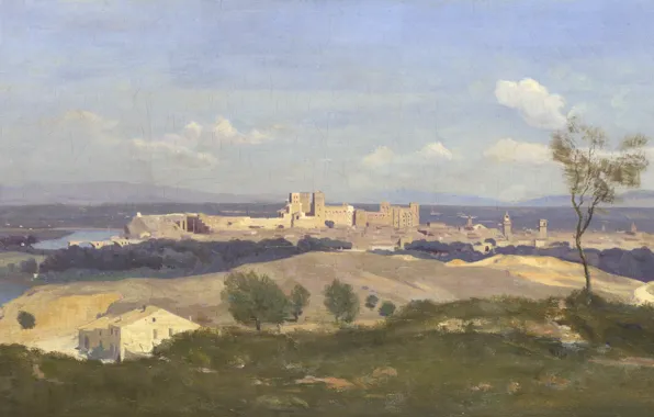Пейзаж, картина, панорама, Камиль Коро, Jean-Baptiste-Camille Corot, Авиньон. Вид с Запада