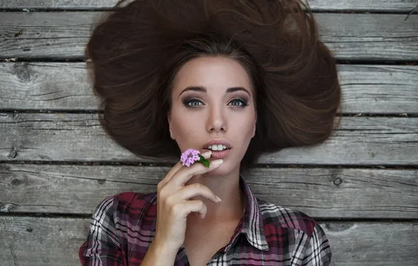 Цветок, взгляд, поза, модель, доски, рука, портрет, макияж