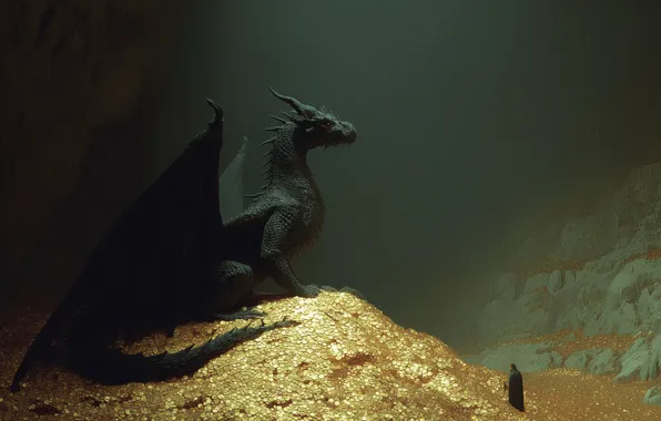 Gold, dragon, fantasy art, cave, knight, illustration, horde